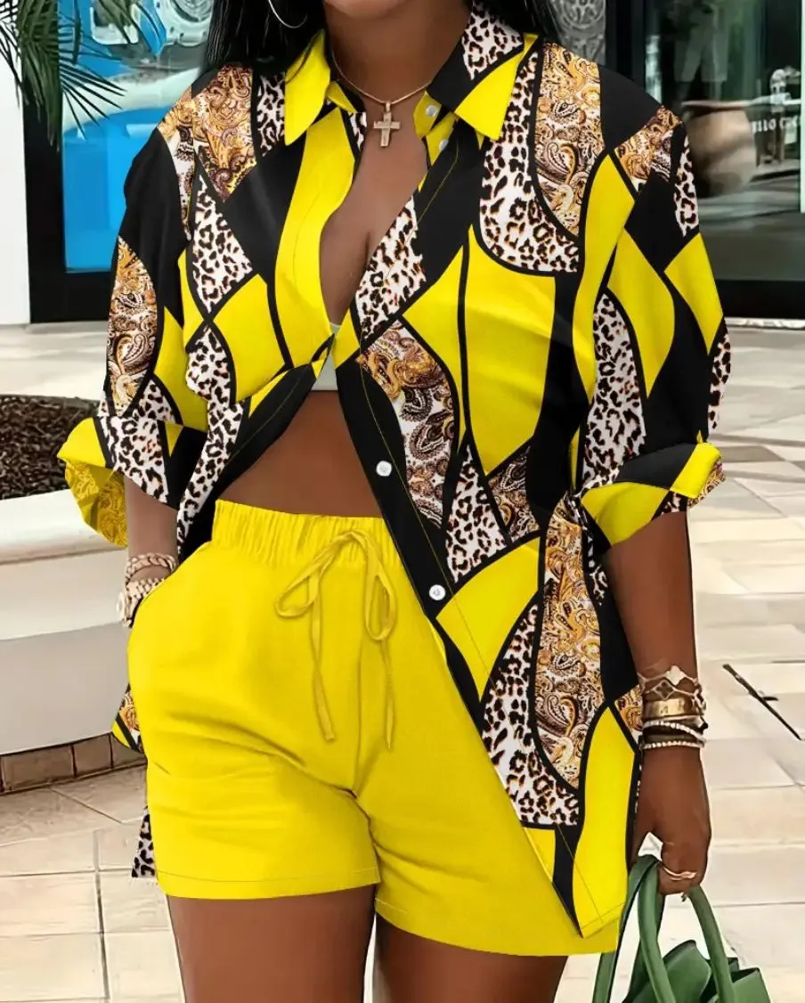 🌟 Stylish 2-Piece Women's Outfit – Printed Button Shirt & Shorts Set 🌟