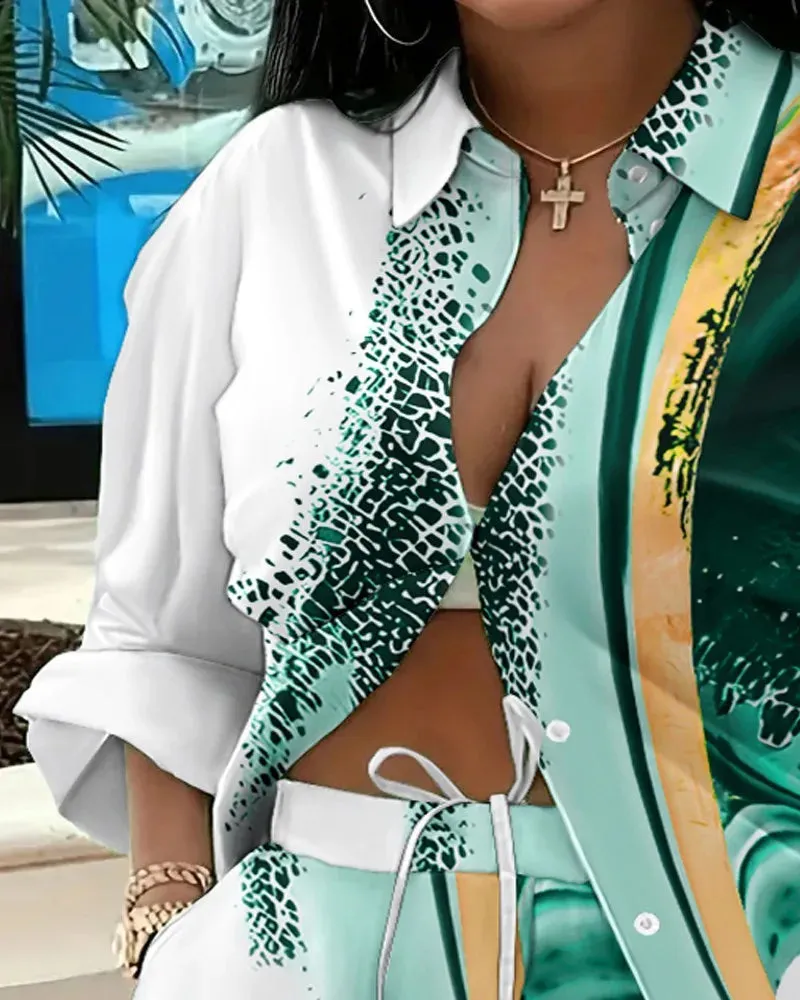 🌟 Stylish 2-Piece Women's Outfit – Printed Button Shirt & Shorts Set 🌟