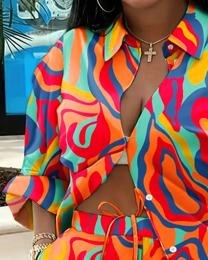 🌟 Stylish 2-Piece Women's Outfit – Printed Button Shirt & Shorts Set 🌟