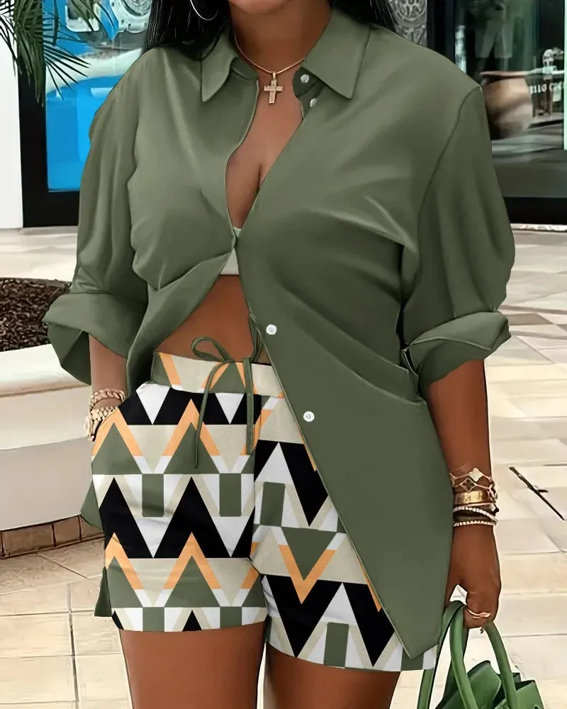 🌟 Stylish 2-Piece Women's Outfit – Printed Button Shirt & Shorts Set 🌟