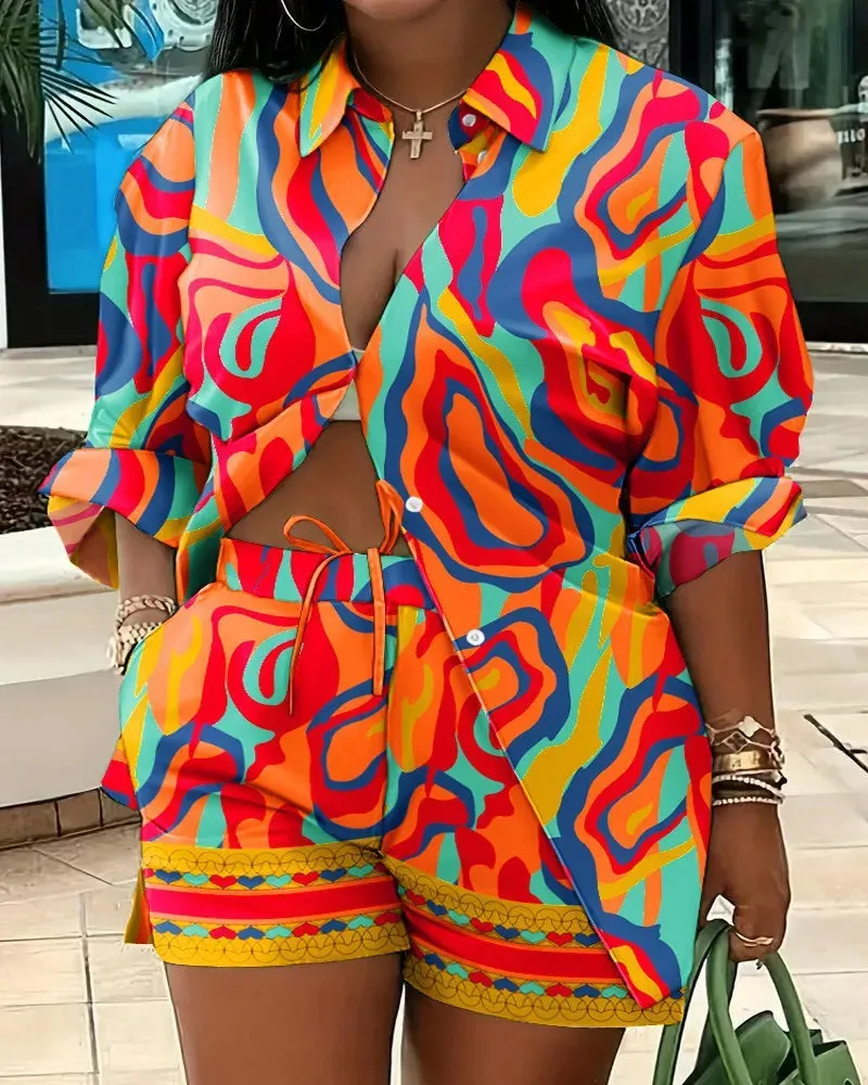 🌟 Stylish 2-Piece Women's Outfit – Printed Button Shirt & Shorts Set 🌟