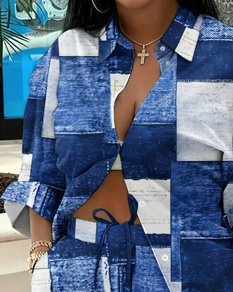 🌟 Stylish 2-Piece Women's Outfit – Printed Button Shirt & Shorts Set 🌟