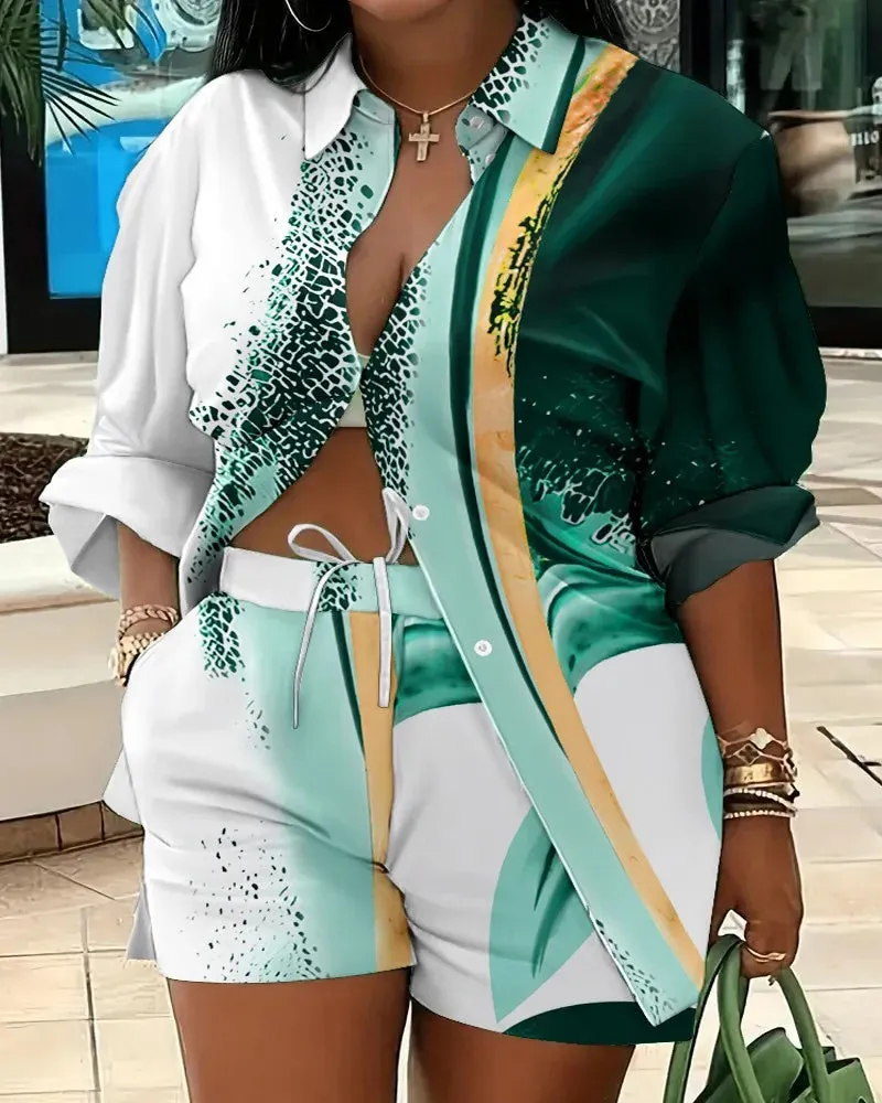 🌟 Stylish 2-Piece Women's Outfit – Printed Button Shirt & Shorts Set 🌟