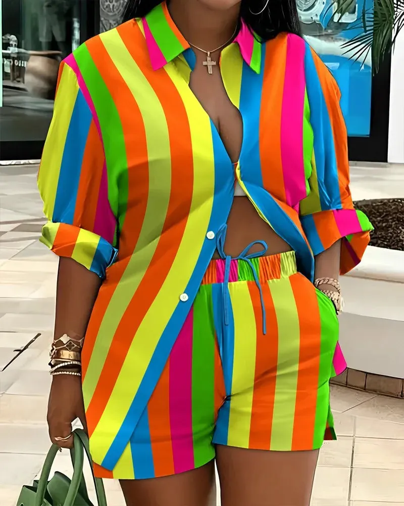 🌟 Stylish 2-Piece Women's Outfit – Printed Button Shirt & Shorts Set 🌟