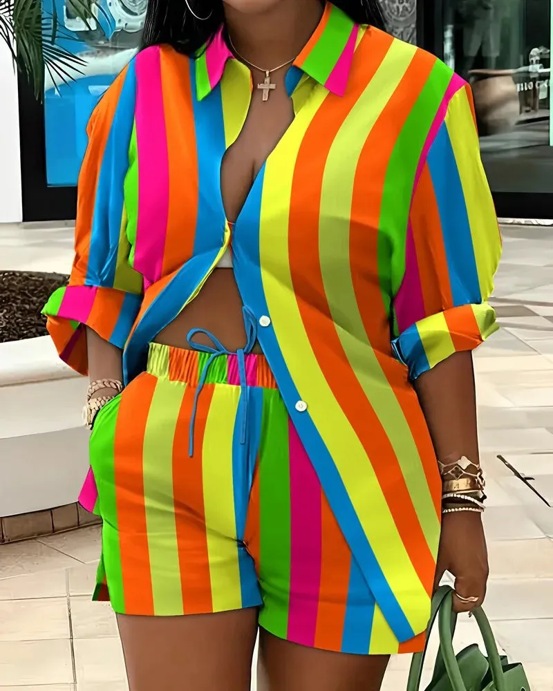 🌟 Stylish 2-Piece Women's Outfit – Printed Button Shirt & Shorts Set 🌟