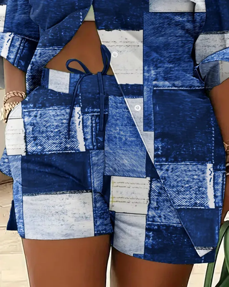 🌟 Stylish 2-Piece Women's Outfit – Printed Button Shirt & Shorts Set 🌟