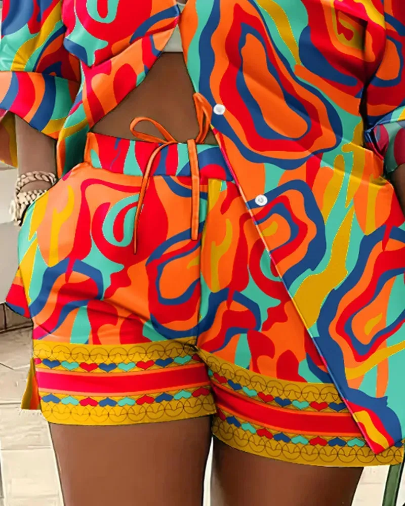 🌟 Stylish 2-Piece Women's Outfit – Printed Button Shirt & Shorts Set 🌟