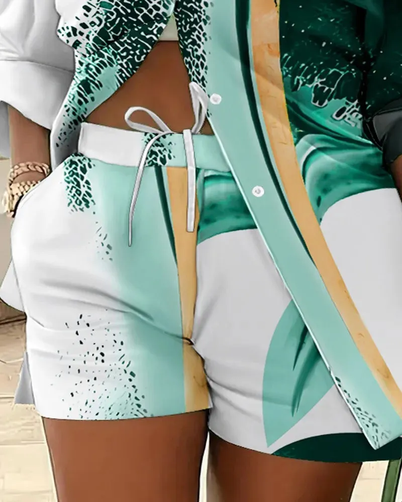 🌟 Stylish 2-Piece Women's Outfit – Printed Button Shirt & Shorts Set 🌟
