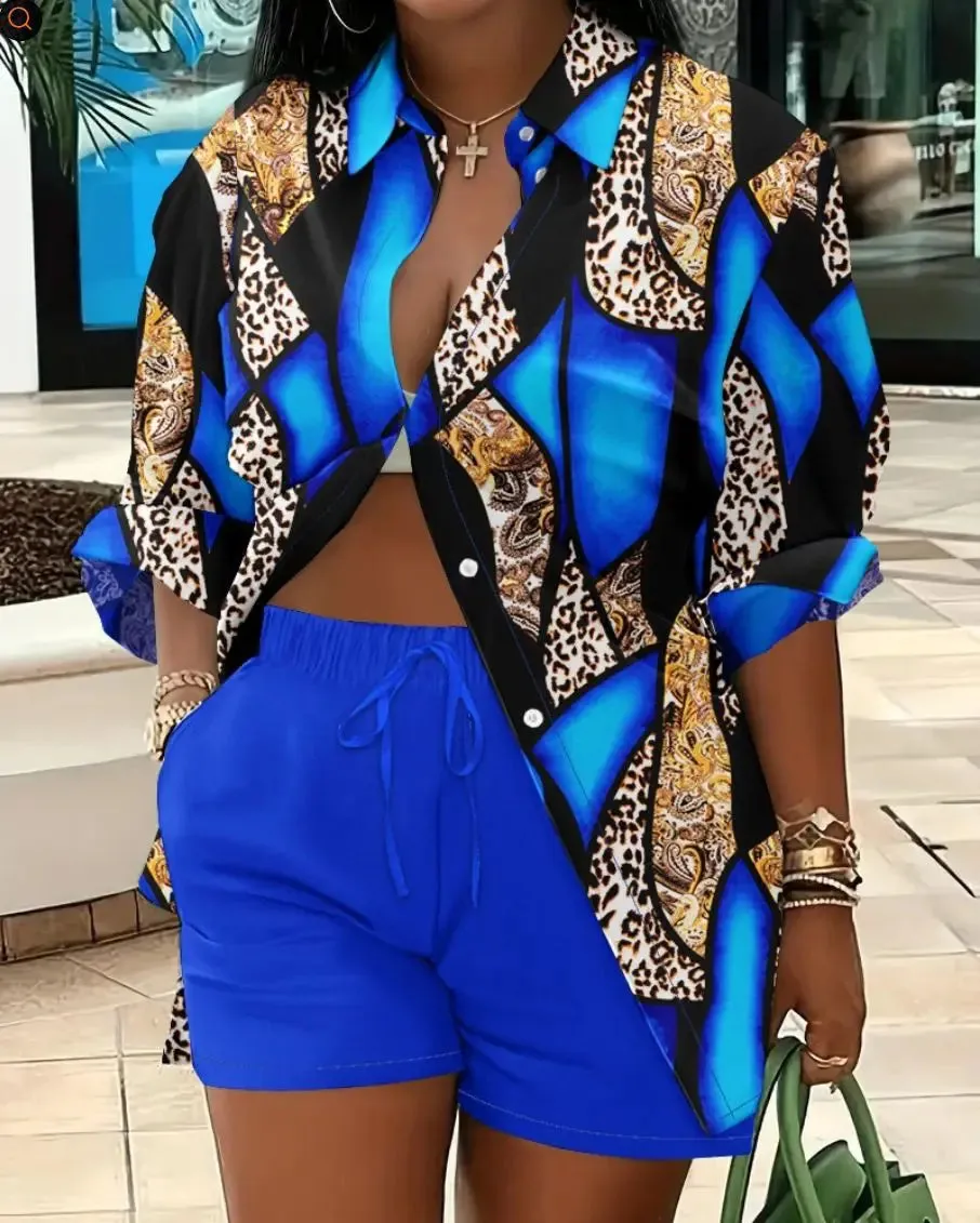 🌟 Stylish 2-Piece Women's Outfit – Printed Button Shirt & Shorts Set 🌟