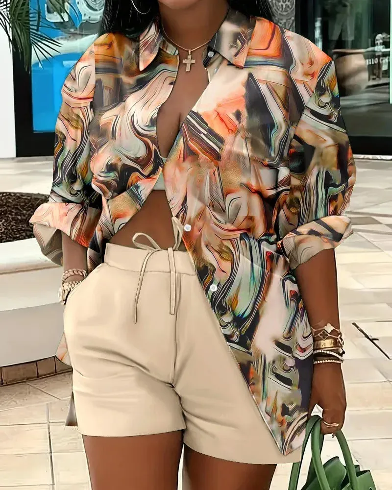 🌟 Stylish 2-Piece Women's Outfit – Printed Button Shirt & Shorts Set 🌟