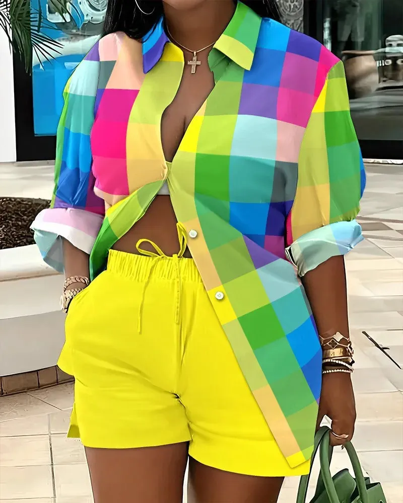 🌟 Stylish 2-Piece Women's Outfit – Printed Button Shirt & Shorts Set 🌟