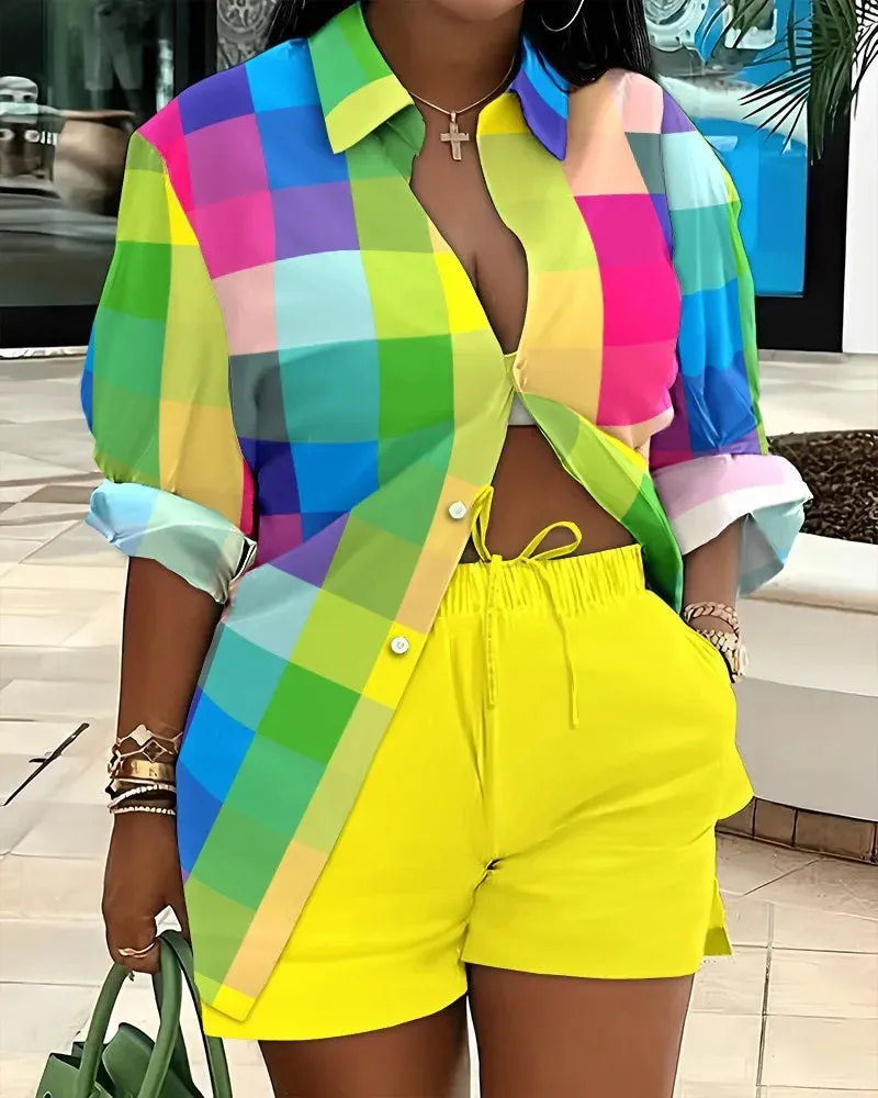 🌟 Stylish 2-Piece Women's Outfit – Printed Button Shirt & Shorts Set 🌟