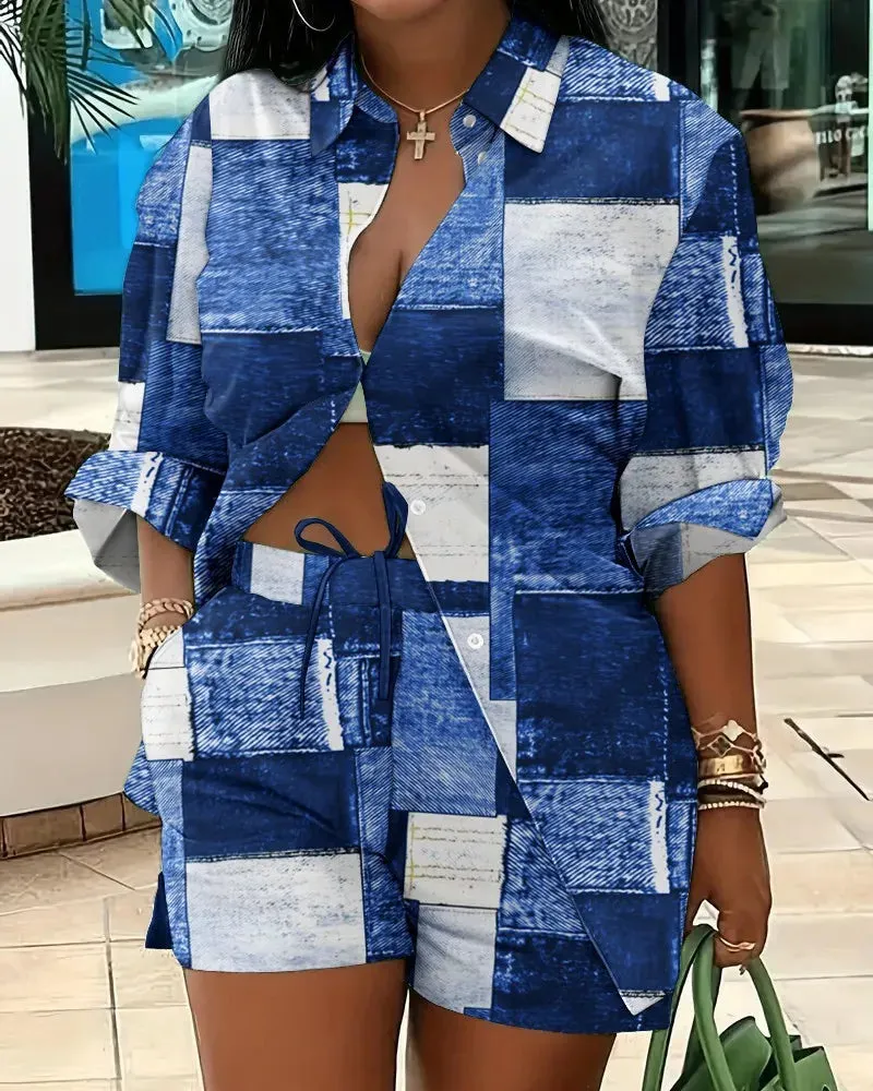 🌟 Stylish 2-Piece Women's Outfit – Printed Button Shirt & Shorts Set 🌟