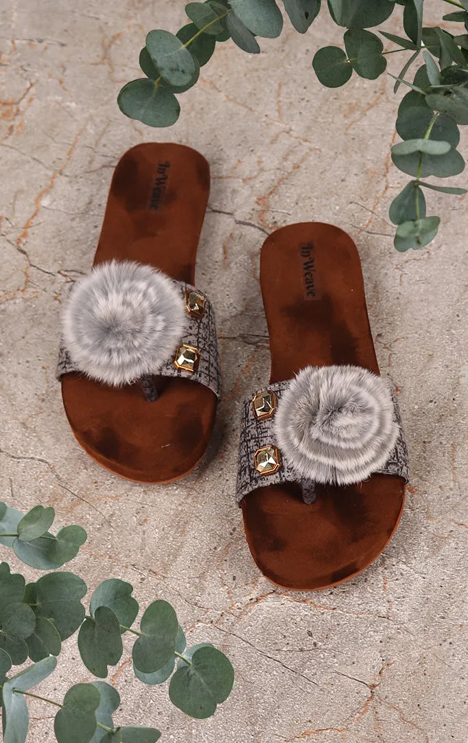 A Furry Friend Flat Sandals In  Grey