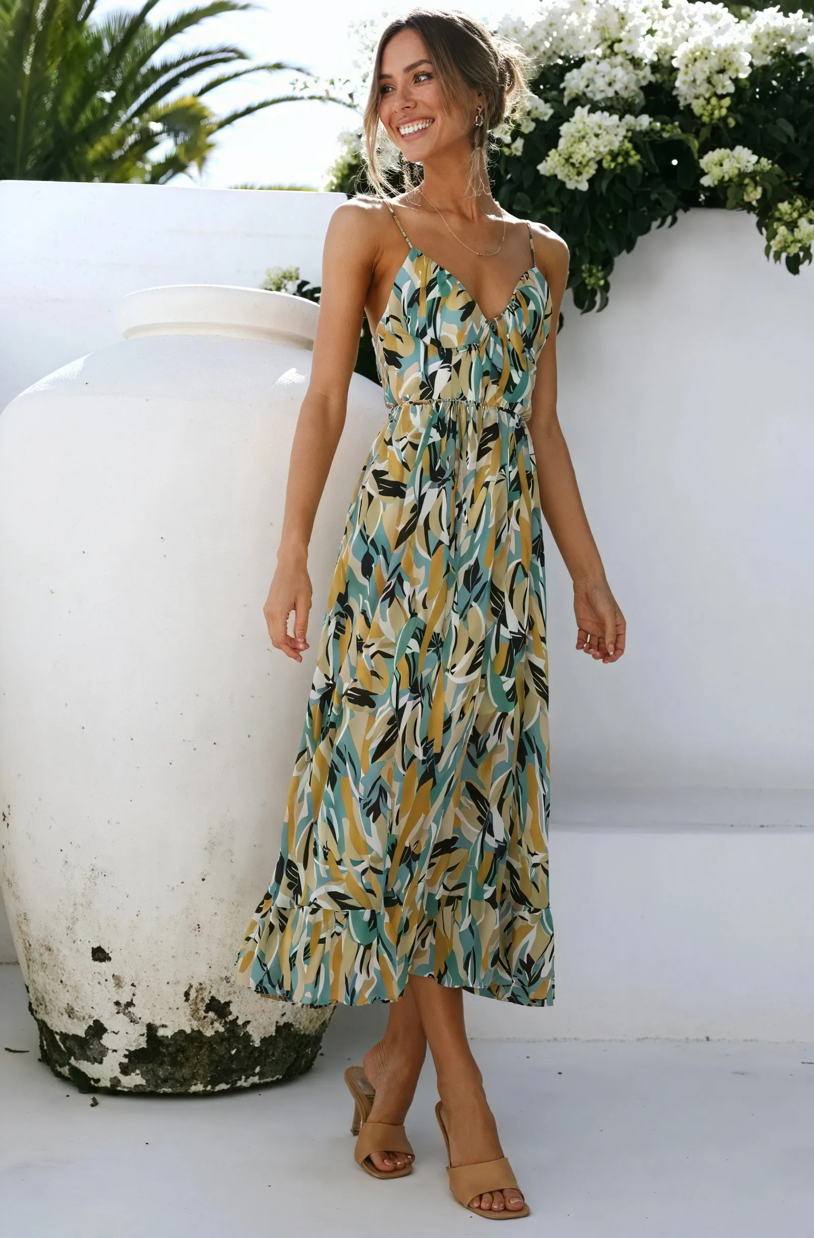 Abstract Print V-Neck Maxi Dress with Tie Waist