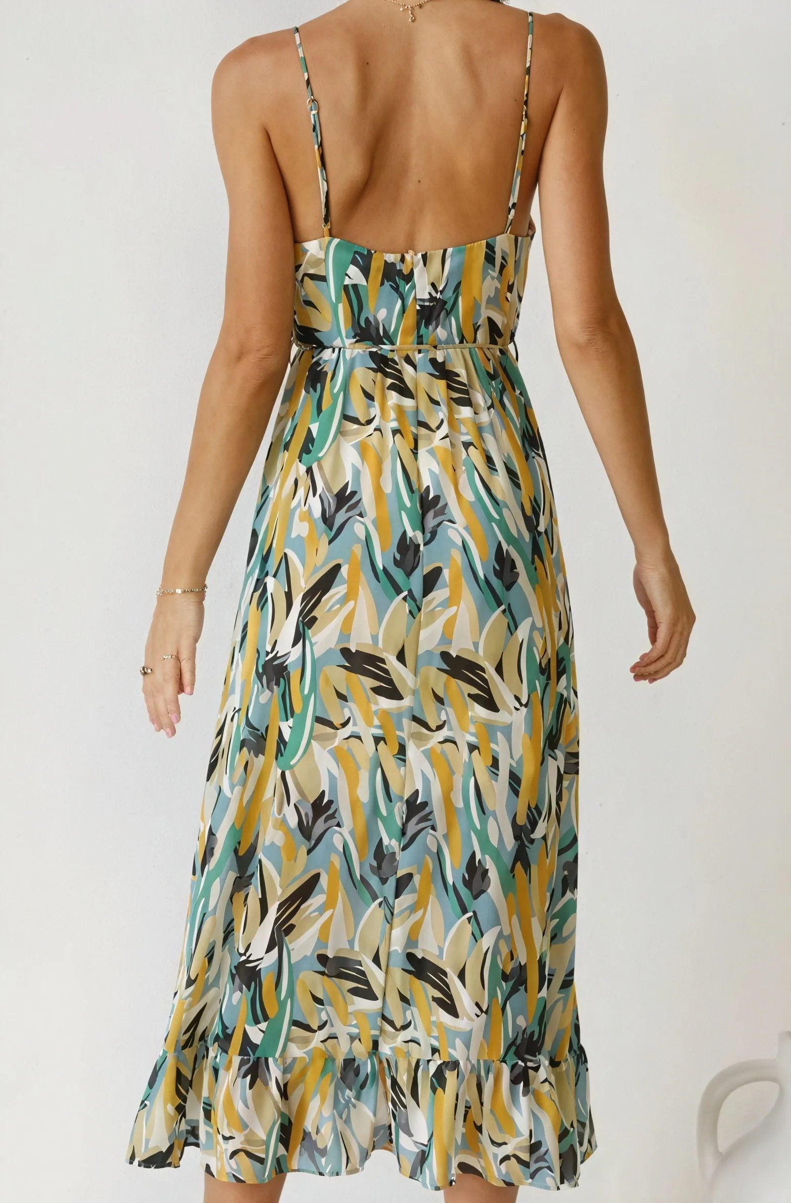Abstract Print V-Neck Maxi Dress with Tie Waist