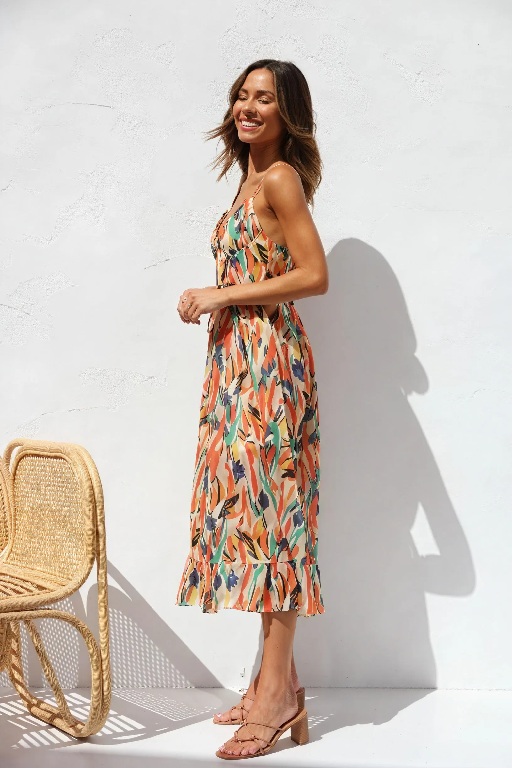 Abstract Print V-Neck Maxi Dress with Tie Waist
