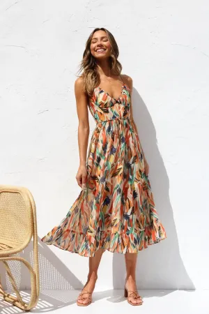 Abstract Print V-Neck Maxi Dress with Tie Waist