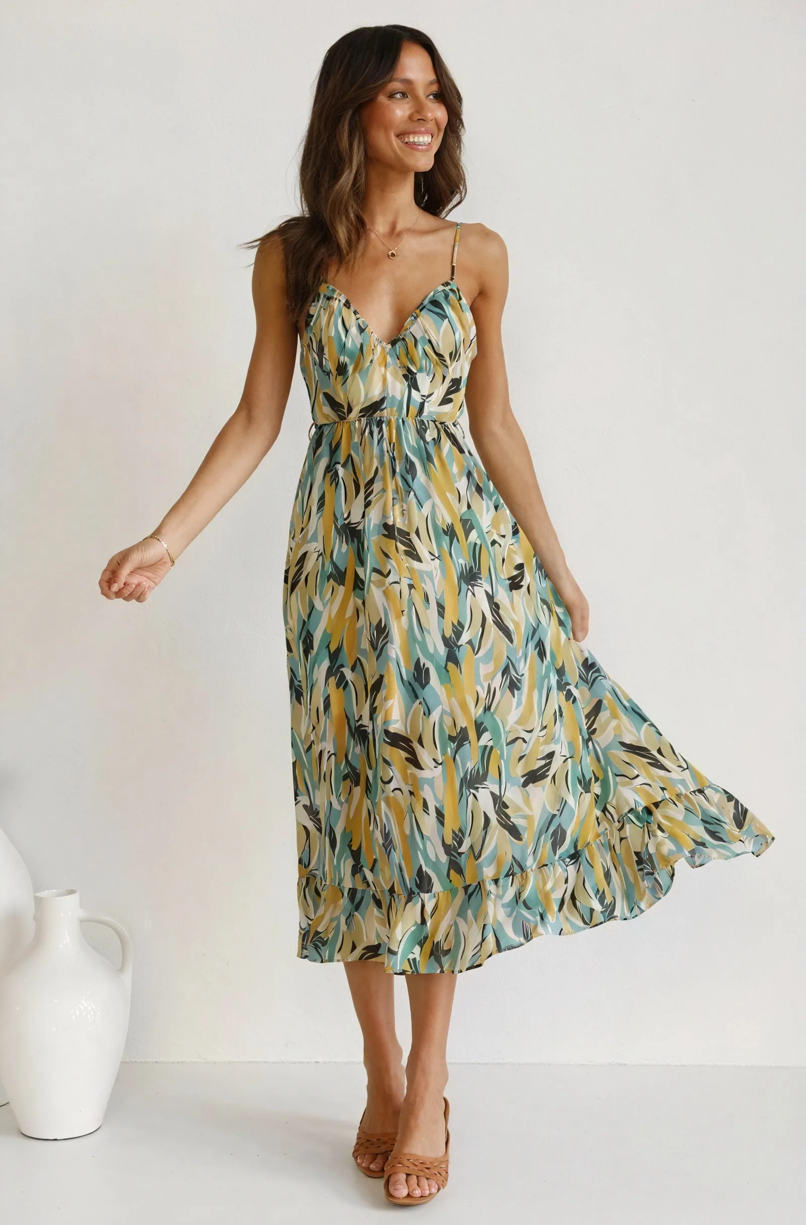 Abstract Print V-Neck Maxi Dress with Tie Waist