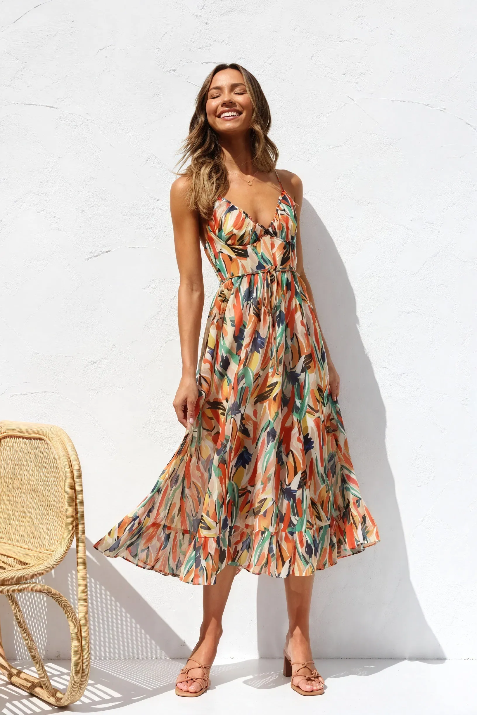 Abstract Print V-Neck Maxi Dress with Tie Waist