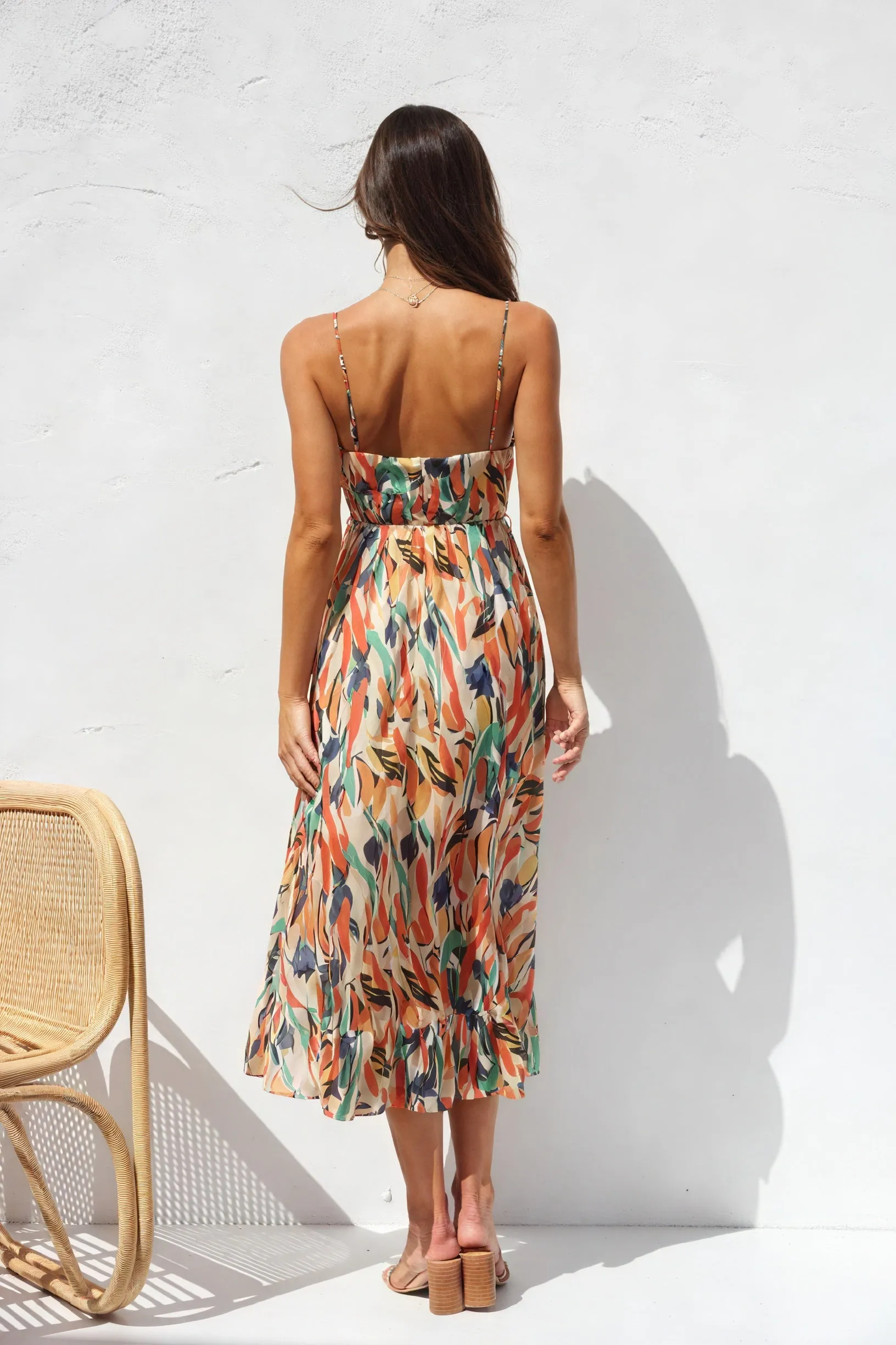 Abstract Print V-Neck Maxi Dress with Tie Waist