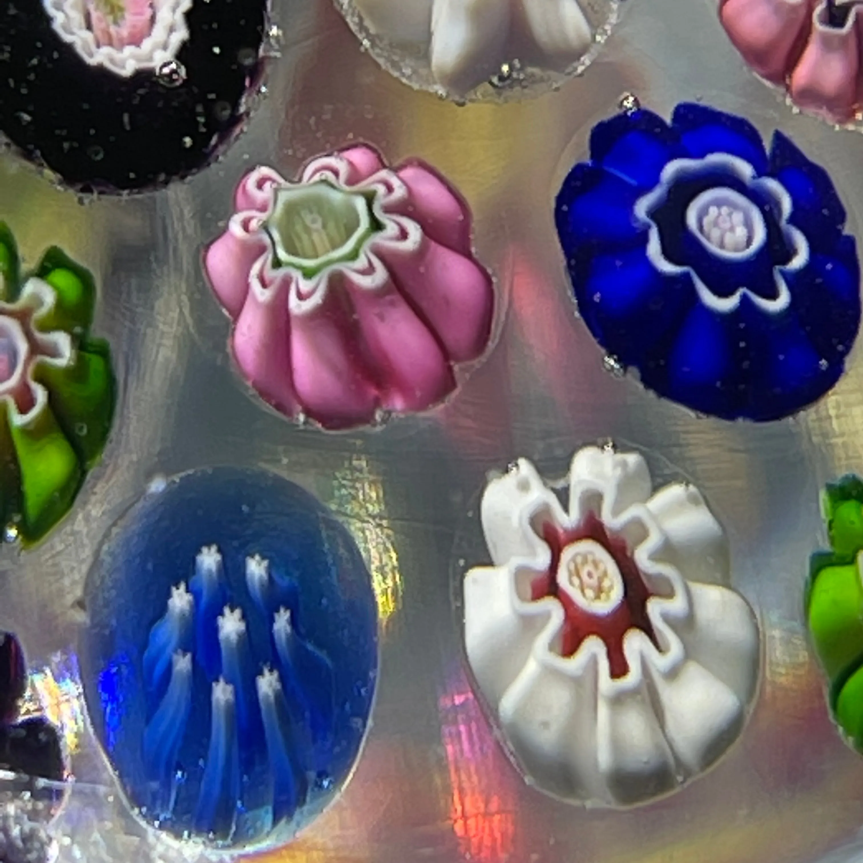 Antique Clichy Glass Paperweight Spaced Complex Millefiori with Three Rose Canes