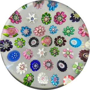 Antique Clichy Glass Paperweight Spaced Complex Millefiori with Three Rose Canes