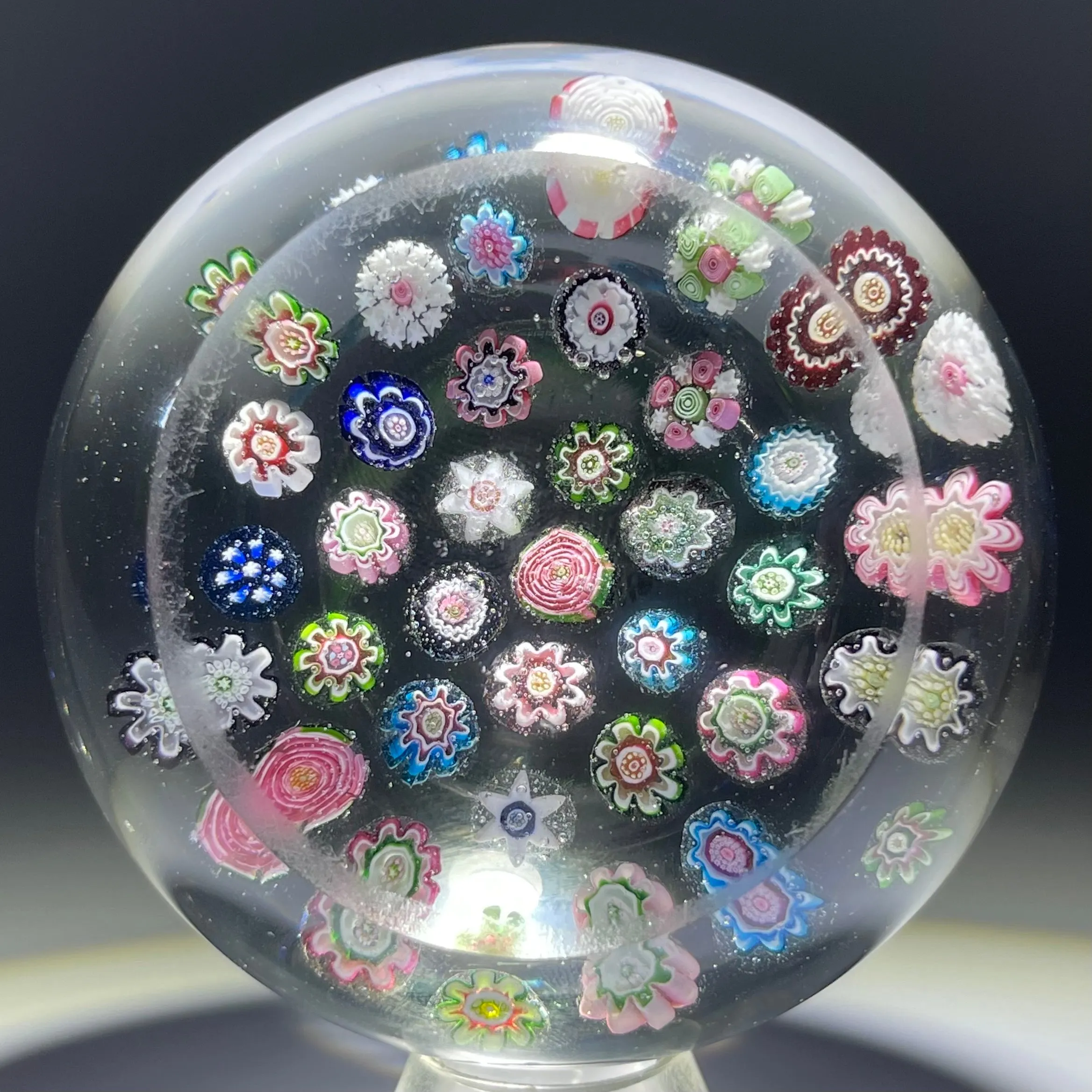 Antique Clichy Glass Paperweight Spaced Complex Millefiori with Three Rose Canes