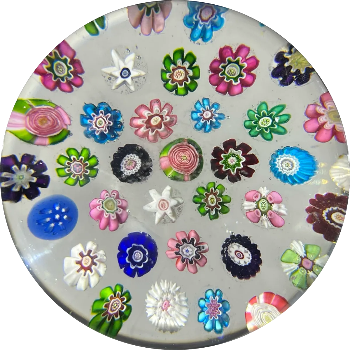 Antique Clichy Glass Paperweight Spaced Complex Millefiori with Three Rose Canes
