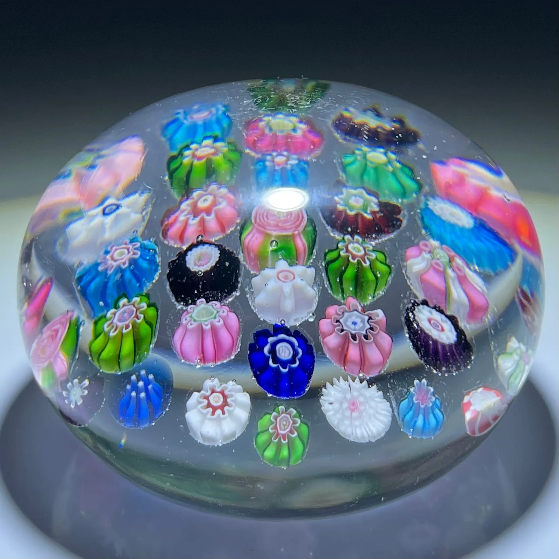 Antique Clichy Glass Paperweight Spaced Complex Millefiori with Three Rose Canes