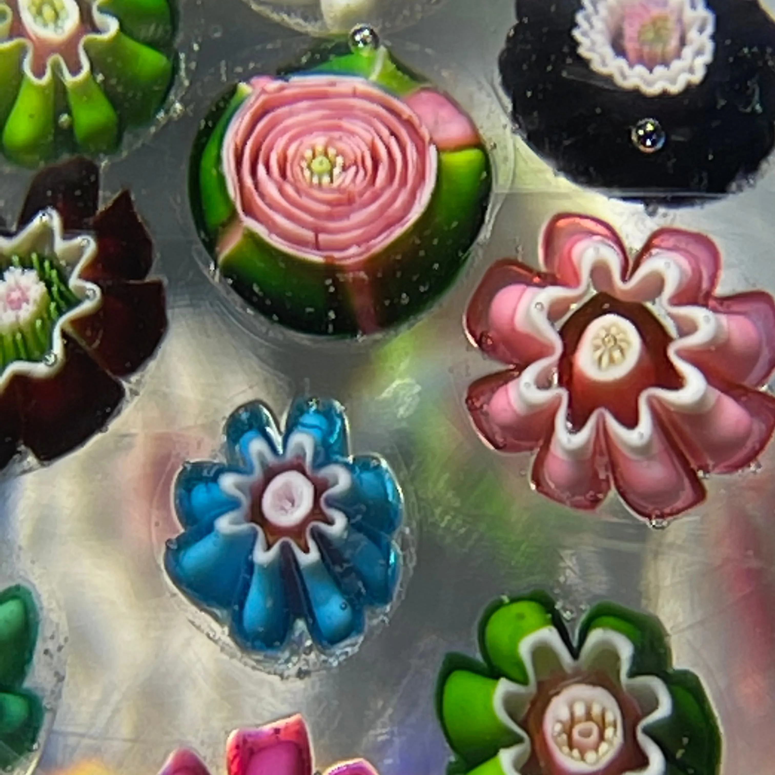Antique Clichy Glass Paperweight Spaced Complex Millefiori with Three Rose Canes