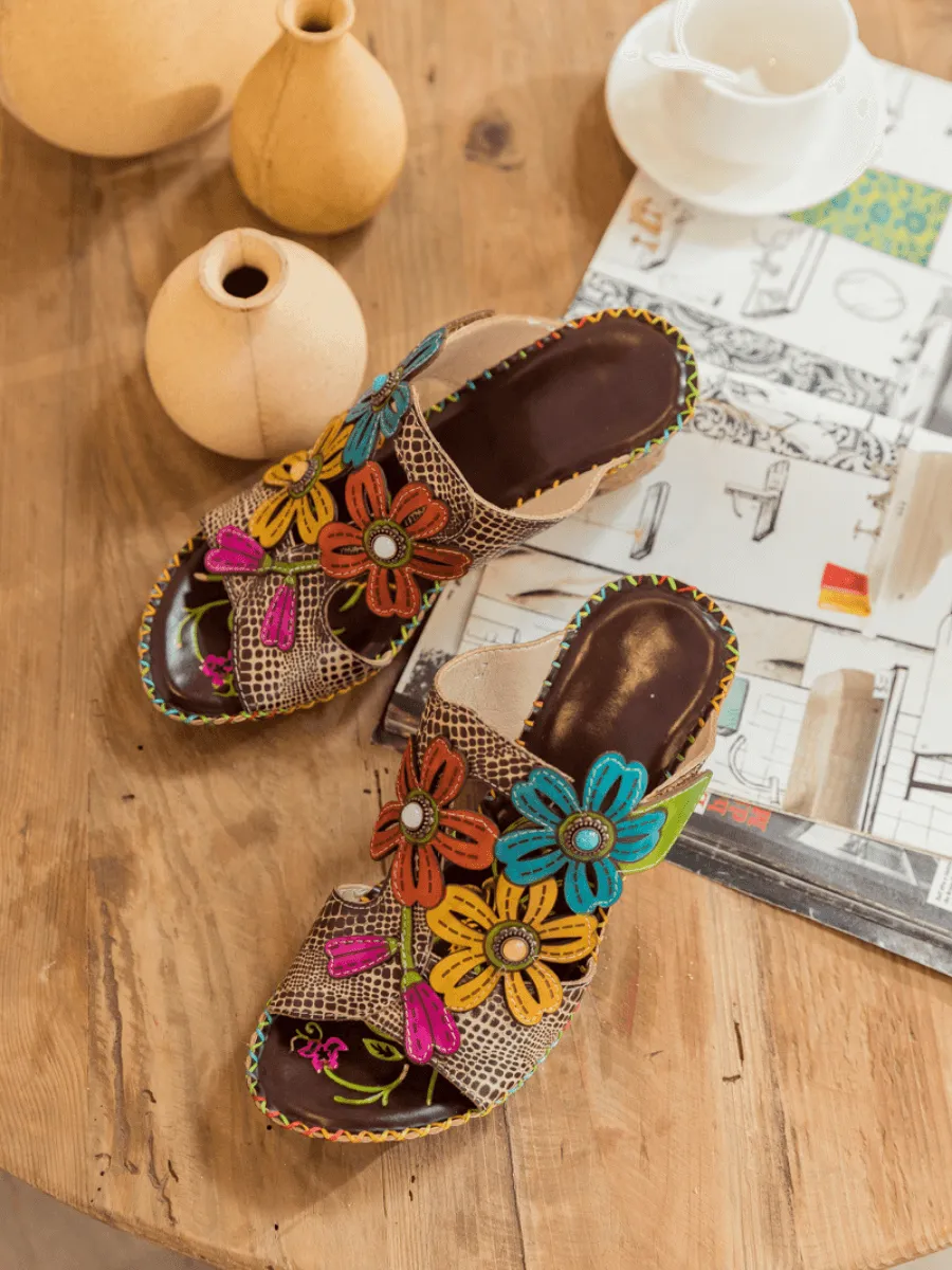 Beige Floral Appliqued Leather Wedge Mule