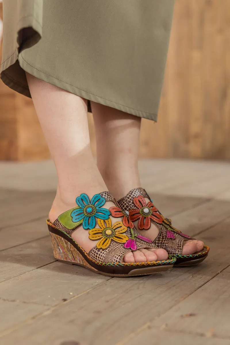 Beige Floral Appliqued Leather Wedge Mule