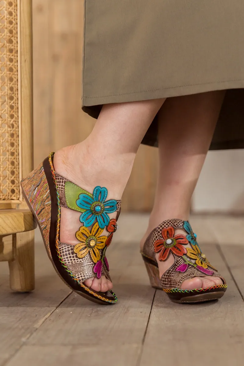 Beige Floral Appliqued Leather Wedge Mule
