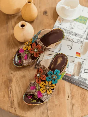 Beige Floral Appliqued Leather Wedge Mule