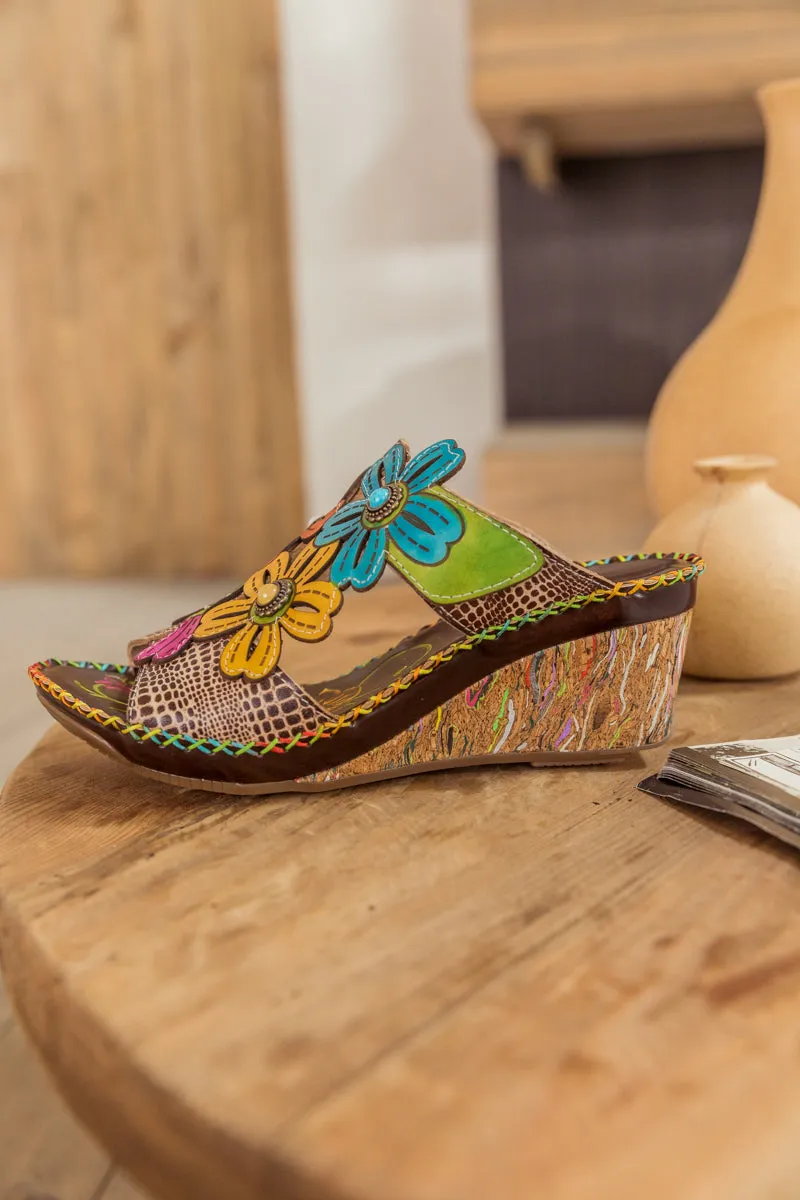 Beige Floral Appliqued Leather Wedge Mule