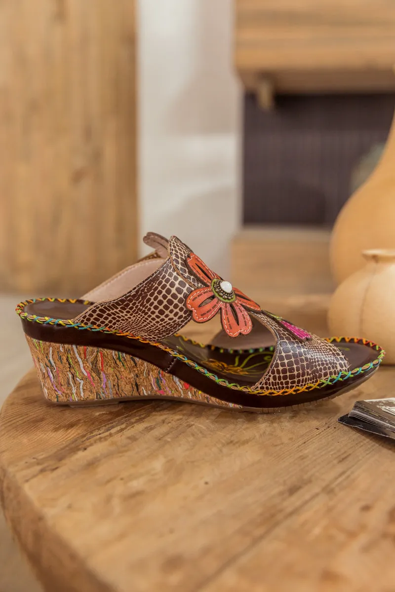 Beige Floral Appliqued Leather Wedge Mule