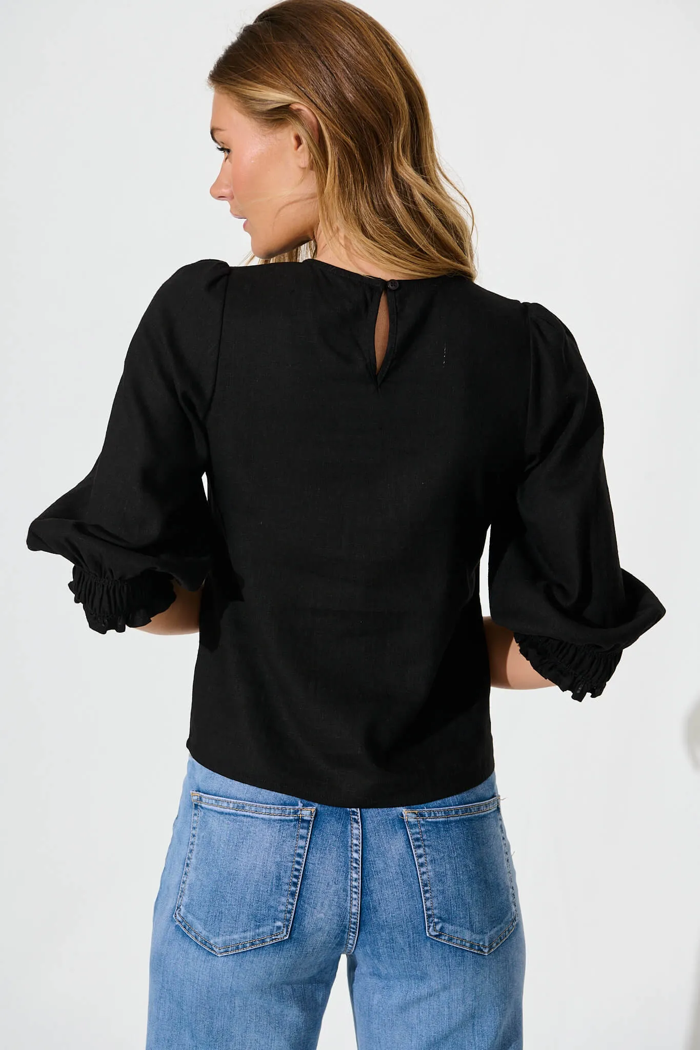 Black Cotton Linen Lanie Blouse