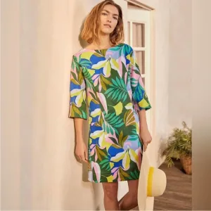 Boden Laurie Linen Shift Dress in Plum Blossom Tropical Flora