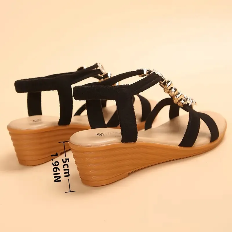 Boho Beaded Wedge Sandals - T-Strap, Open-Toe, Summer Style