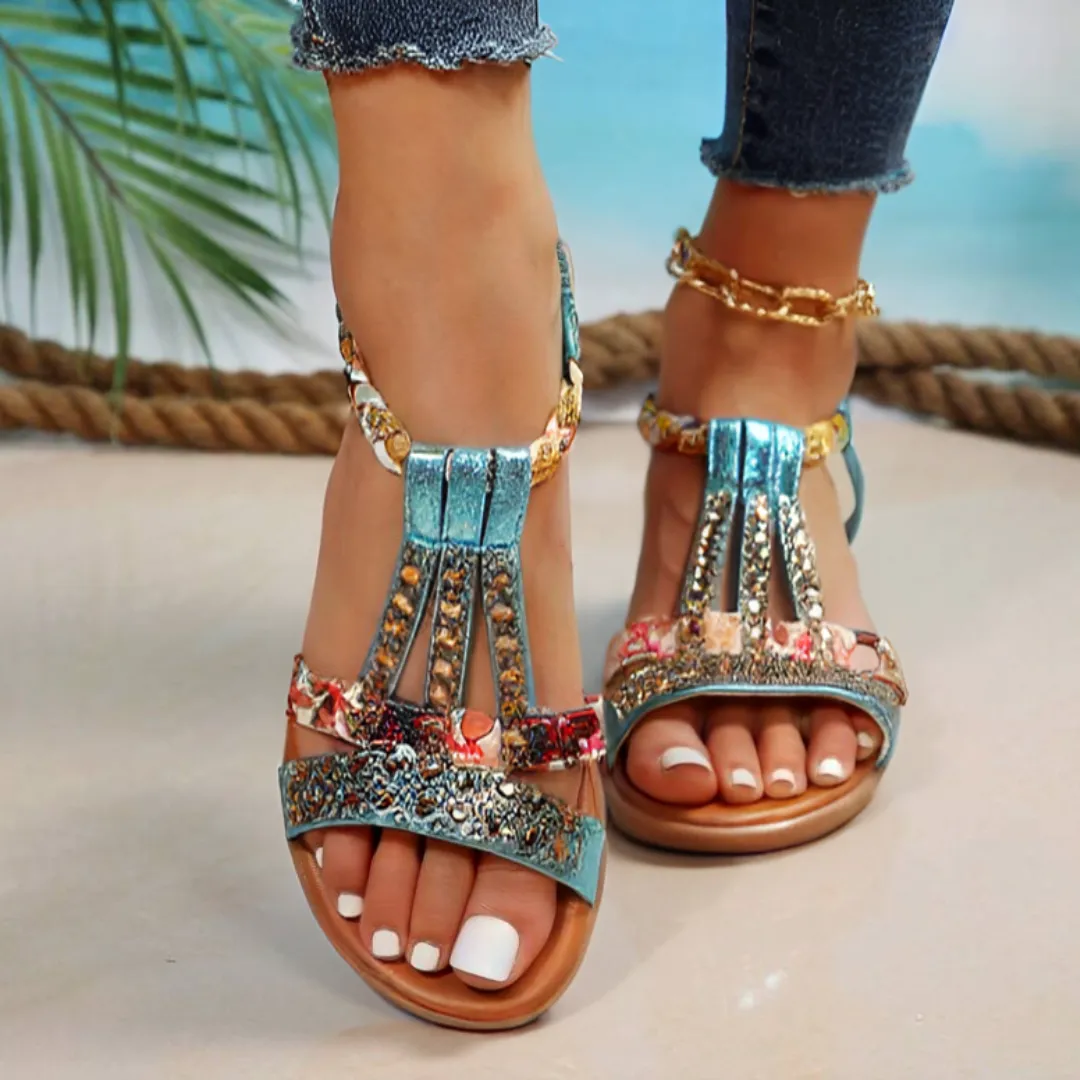 Boho T-Strap Sandals | Floral Embellished | Comfortable & Stylish