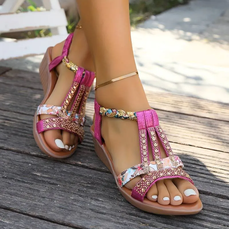 Boho T-Strap Sandals | Floral Embellished | Comfortable & Stylish