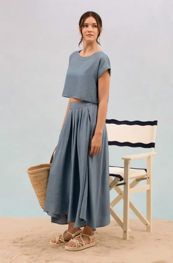 Chambray Boat Neck Boxy Crop Top