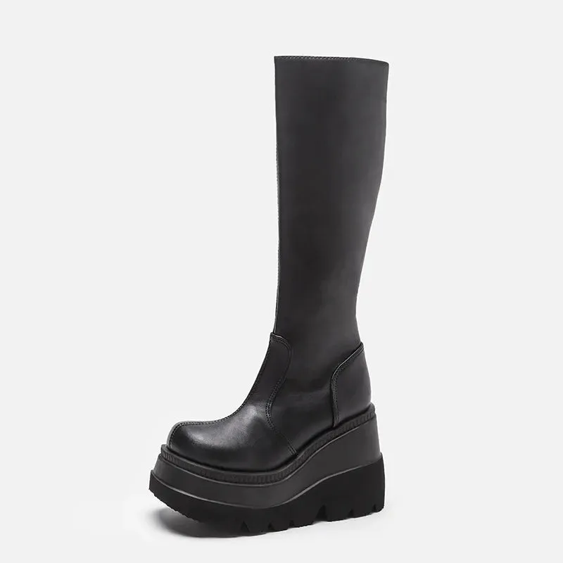 Classic Ladies Fashion Platform Boots Chunky Heel Wedges Mid Calf Women Boots Casual Brand Thick Bottom Winter Shoes Woman
