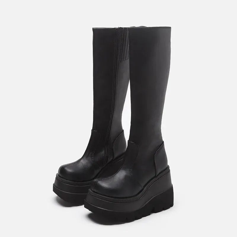 Classic Ladies Fashion Platform Boots Chunky Heel Wedges Mid Calf Women Boots Casual Brand Thick Bottom Winter Shoes Woman