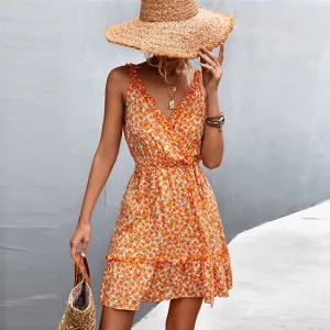 Cora Sleeveless Floral Faux Wrap Ruffle Trim Mini Dress