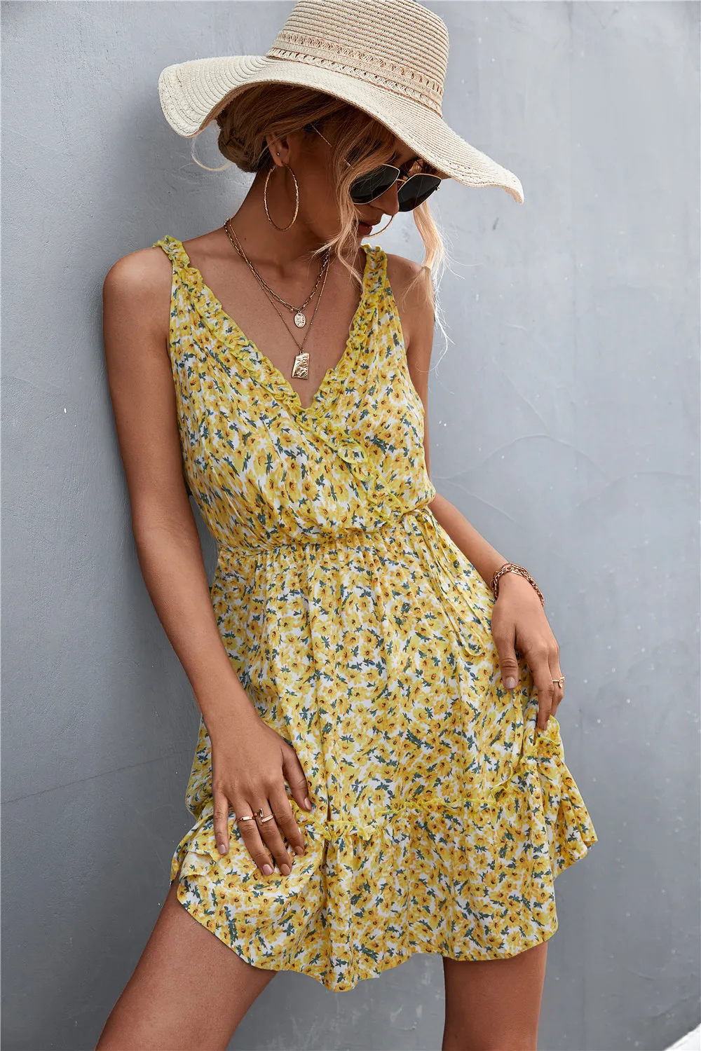 Cora Sleeveless Floral Faux Wrap Ruffle Trim Mini Dress