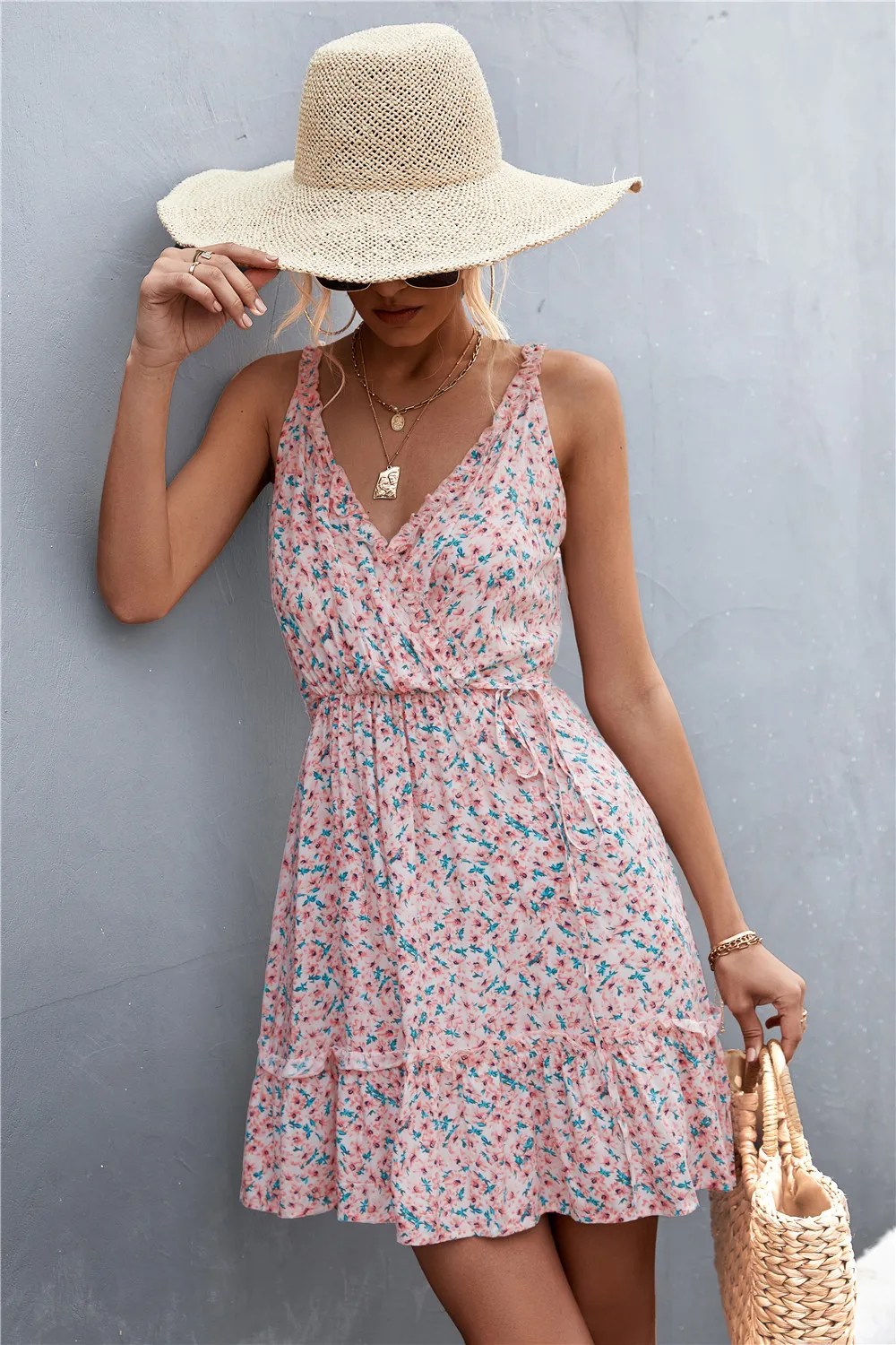 Cora Sleeveless Floral Faux Wrap Ruffle Trim Mini Dress