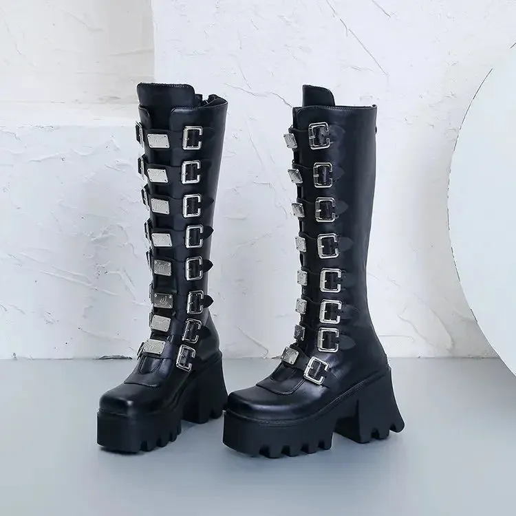 Cosplay High Heel Platform Boots - Wedge Gothic Long Tube Leather Boots with Buckle Strap, Plus Size for Women