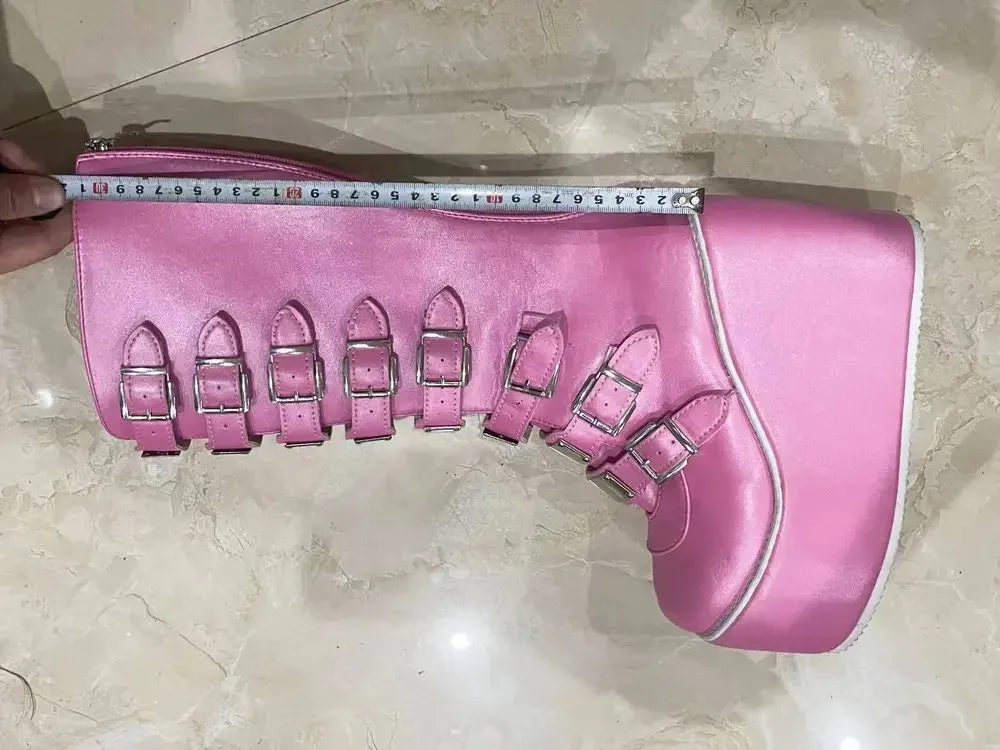 Cosplay High Heel Platform Boots - Wedge Gothic Long Tube Leather Boots with Buckle Strap, Plus Size for Women